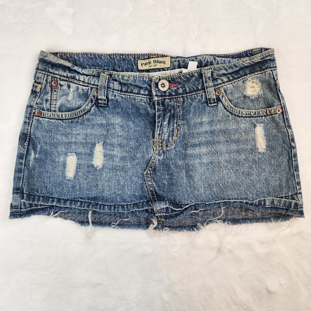 Y2K Paris Blues Denim Jean Distressed Mini Skirt Sz 3